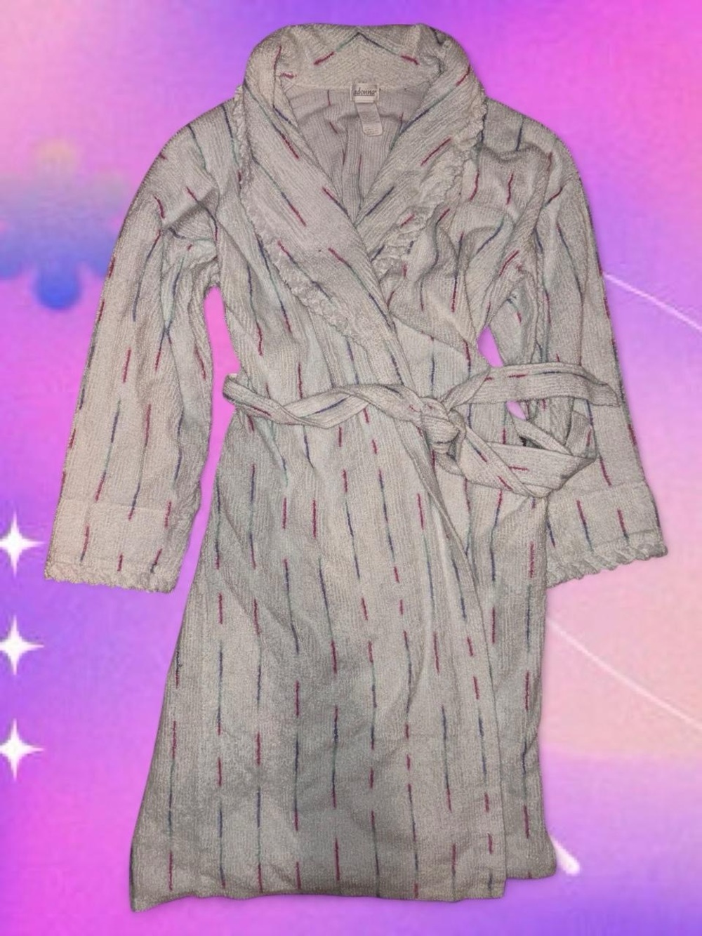 vtg 80s pastel stripe chenille long robe - adonna, sz xl MINT grandmacore